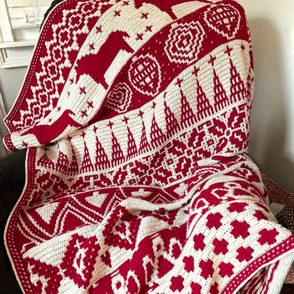 Red and white overlay mosaic crochet blanket perfect for Christmas