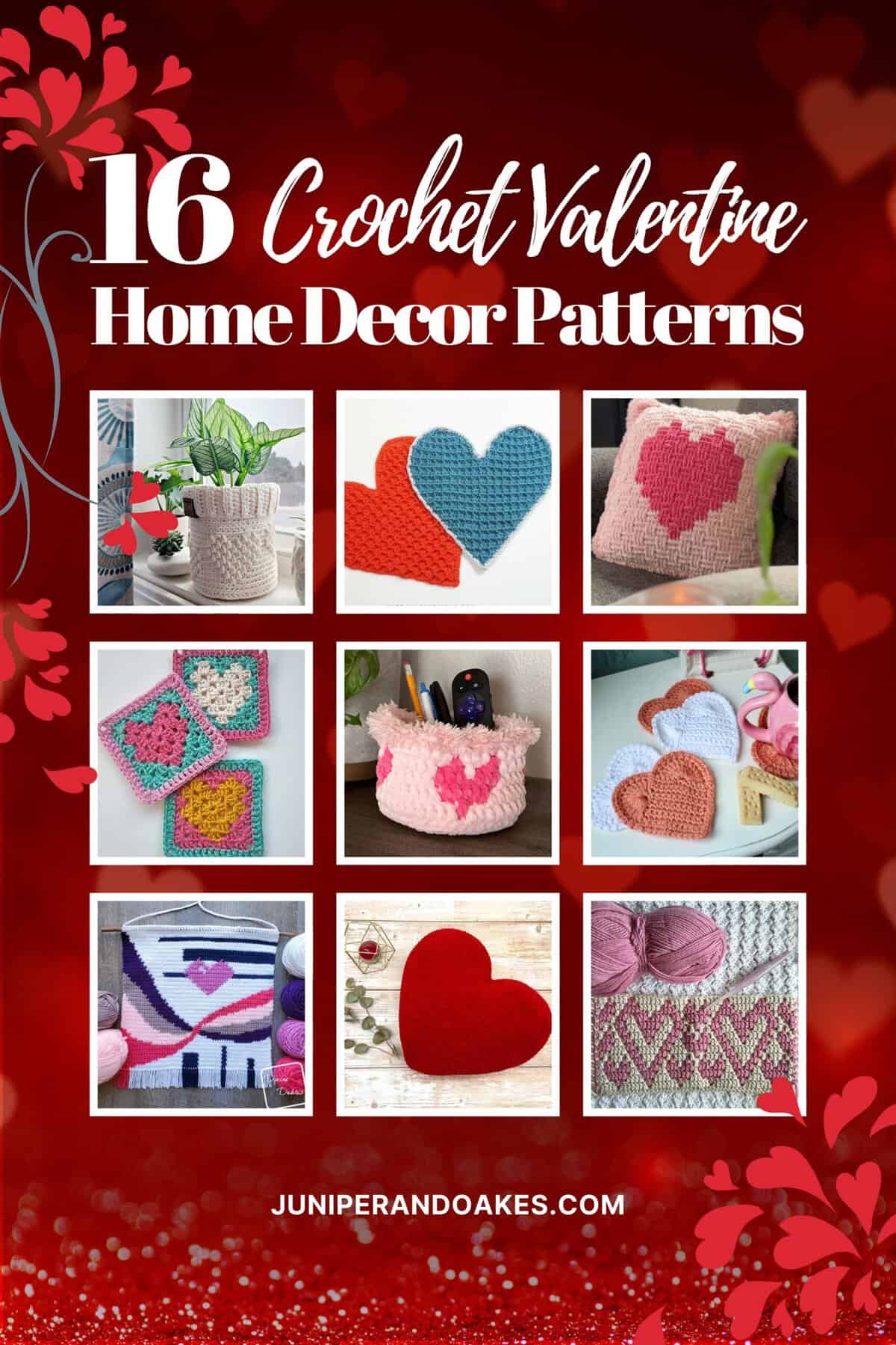 Crochet Valentine’s Day Decor - Pin Image Featuring 9 of 16 patterns