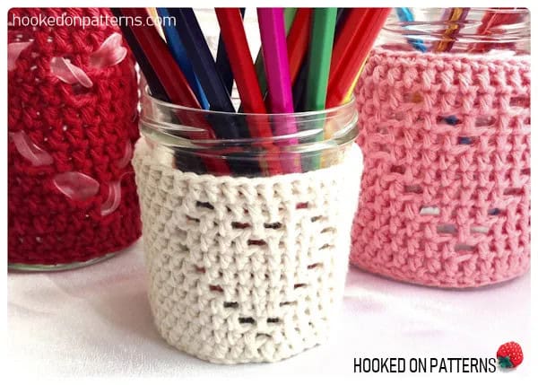 Crochet Heart Jar Cozy by Hooked on Patterns