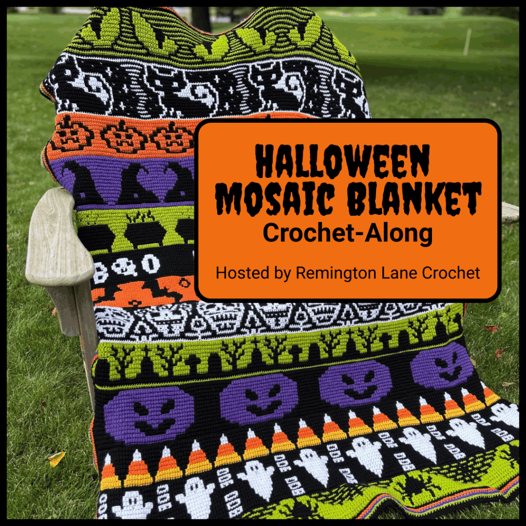 The Mosaic Crochet Candy Corn pattern is part of the Halloween Mosaic Blanket crochet-along